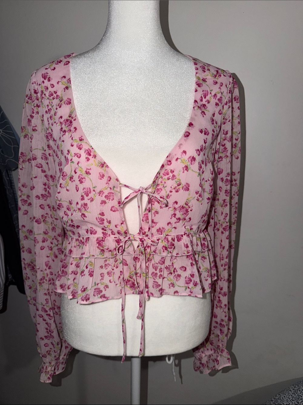 Lush Pink Floral Tie-Front Ruffle Blouse